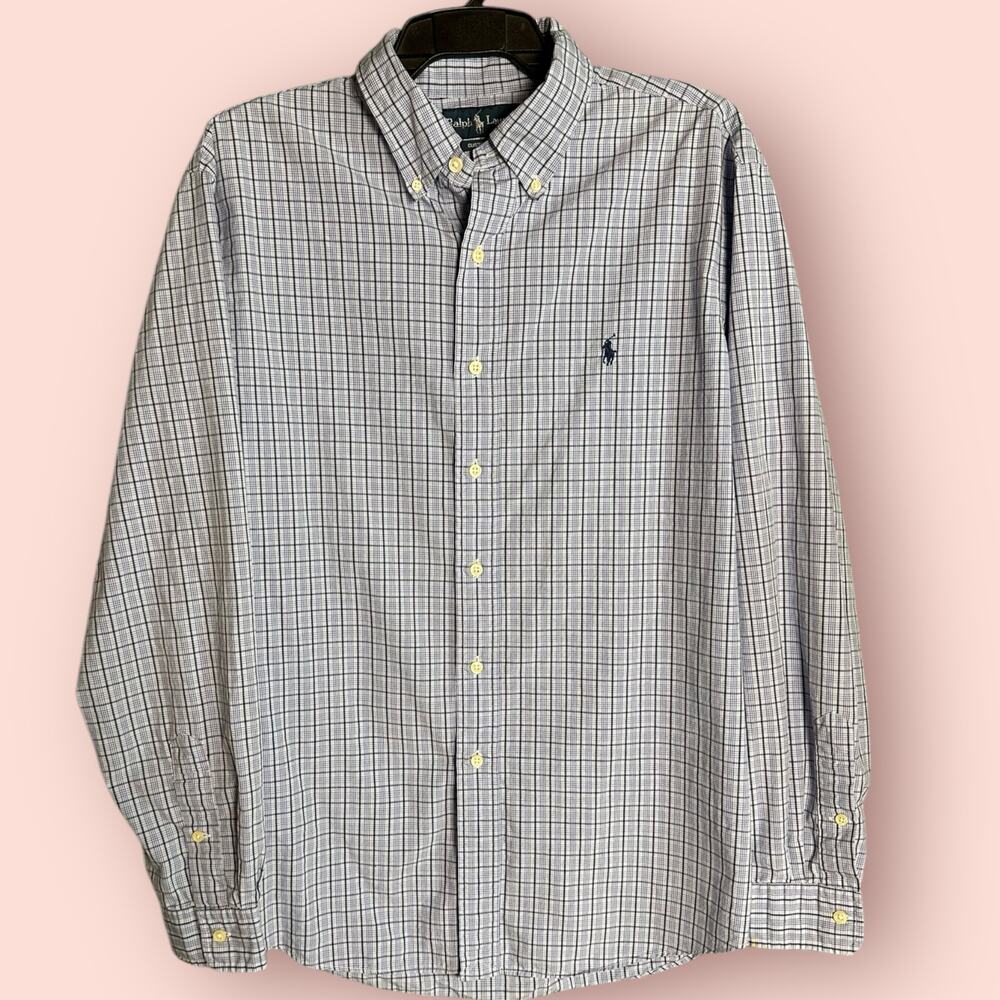 Men's Ralph Lauren Custom Fit Off-White Checked Button-Down Shirt, Size XL